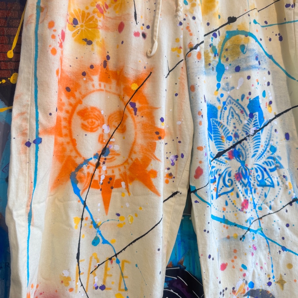 Flash sale! Hand-Painted upcycled Graffiti Linen Blend Streetwear Pants - Large - Picture 11 of 11